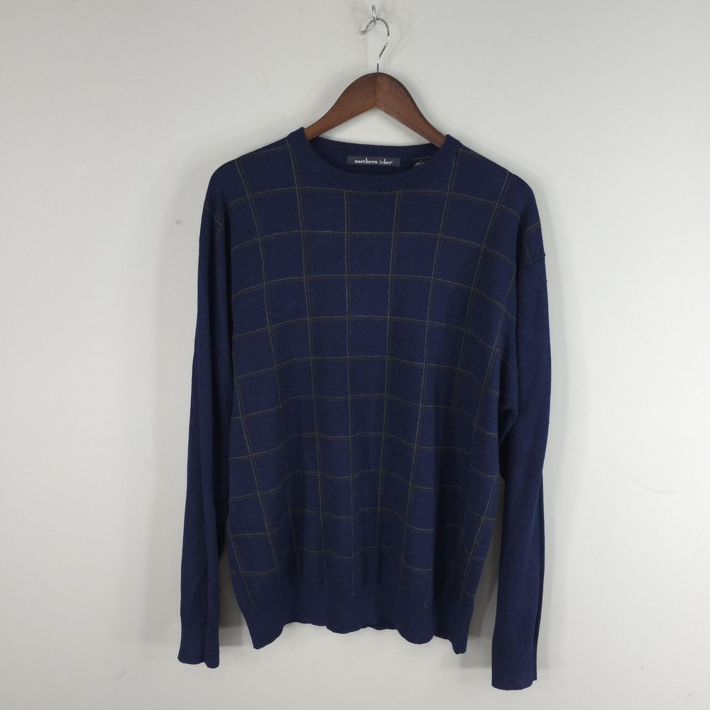 Northern Isles Sweater Mens Large Blue Windowpane Silk Cashmere Knit‎ Crewneck